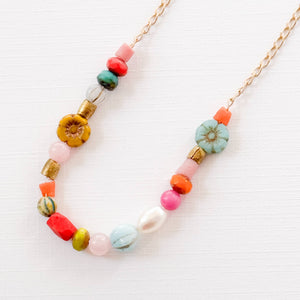 Dainty Pearl Flower and Recycled Bead Necklace