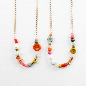 Dainty Pearl Flower and Recycled Bead Necklace