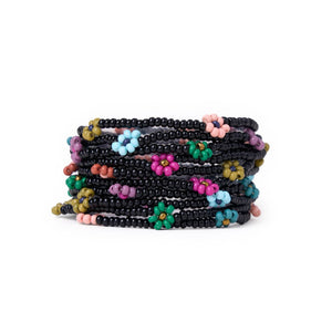 Sage Multi-Color Flower Beaded 10 Strand Stretch Bracelets Black