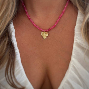 Esme Heart Pink Jade Beaded Necklace Gold Filled