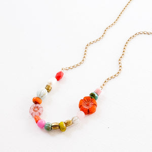 Dainty Pearl Flower and Recycled Bead Necklace