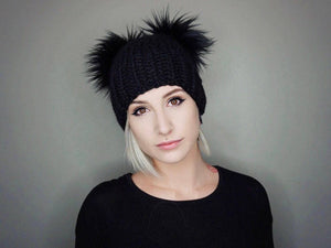 The Double Pom Beanie in Black- knit hat, trendy, handmade