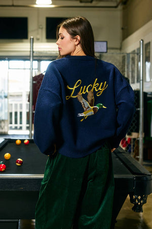 Embroidered "Lucky Duck" V-Neck Cardigan