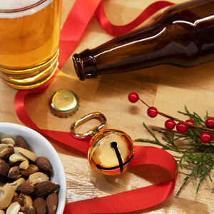 Gold Plated Metal Jingle Bell Beer Bottle Opener with Ribbon