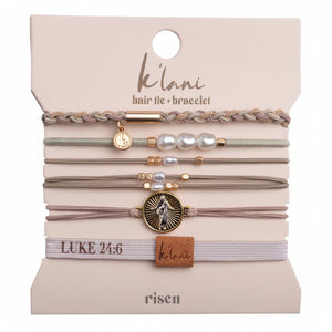 "Risen" Warm Neutrals with Gold Christus Hair Tie Bracelets