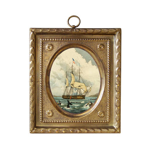 4-1/2" Whaling Ship Vintage Print in Embossed Brass Frame