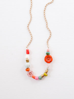 Dainty Pearl Flower and Recycled Bead Necklace
