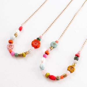 Dainty Pearl Flower and Recycled Bead Necklace