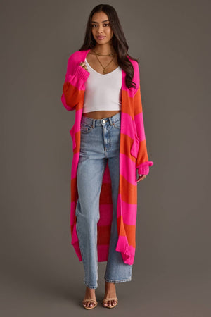 Bright Pink & Orange Striped Duster Cardigan