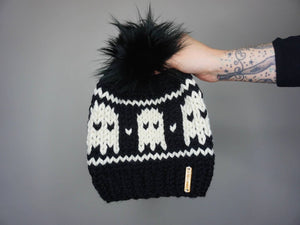 The Ghost Beanie - Halloween, knit hat, handmade, warm, pom