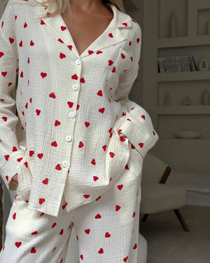 Valentine's Day Love heart printed Cotton Pajamas Set