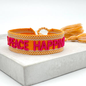 LOVE PEACE HAPPINESS statement bracelet woven, embroidered