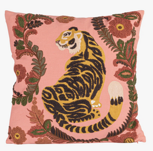 20" Square Cotton Slub Pillow w/ Embroidered Tiger & Flowers