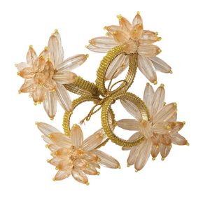 Handmade Acrylic & Glass Beaded Flower Napkin Rings, Set of 4 Tied with Gold Cord