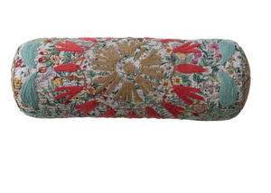 Stonewashed Cotton Voile Bolster Pillow with Suzani Pattern & Hand-Embroidered Kantha Stitch