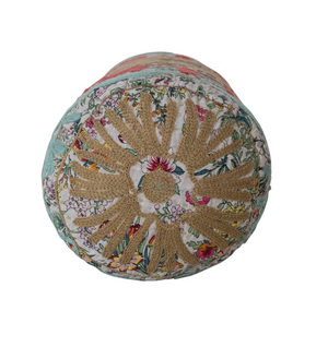 Stonewashed Cotton Voile Bolster Pillow with Suzani Pattern & Hand-Embroidered Kantha Stitch