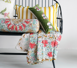 Stonewashed Cotton Voile Bolster Pillow with Suzani Pattern & Hand-Embroidered Kantha Stitch