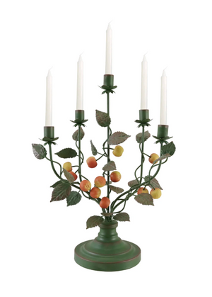 Hand-Painted Metal Vintage Reproduction Toleware Candelabra with Crabapples (Holds 5 Tapers)