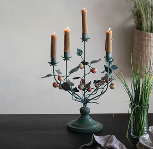 Hand-Painted Metal Vintage Reproduction Toleware Candelabra with Crabapples (Holds 5 Tapers)