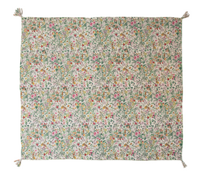 Quilted Cotton Throw Blanket with Floral Pattern, Kantha Stitch and Tassels