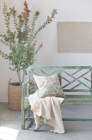 Quilted Cotton Throw Blanket with Floral Pattern, Kantha Stitch and Tassels