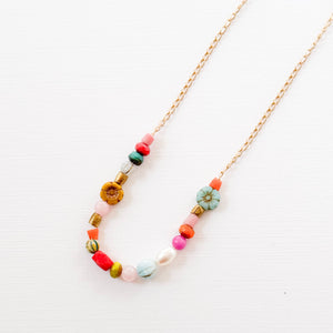 Dainty Pearl Flower and Recycled Bead Necklace