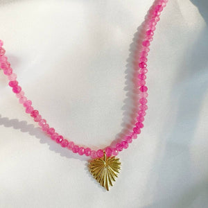 Esme Heart Pink Jade Beaded Necklace Gold Filled