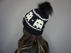 The Ghost Beanie - Halloween, knit hat, handmade, warm, pom