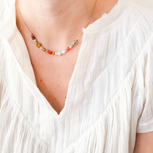 Dainty Pearl Flower and Recycled Bead Necklace