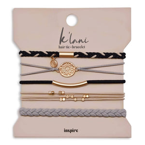 K'lani "Inspire" Grey and Black with Gold Flower Accent Hair Tie Bracelets