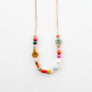 Dainty Pearl Flower and Recycled Bead Necklace