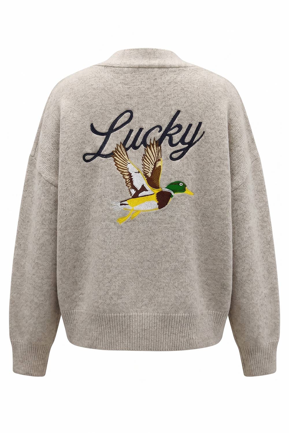 Embroidered "Lucky Duck" V-Neck Cardigan
