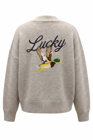 Embroidered "Lucky Duck" V-Neck Cardigan