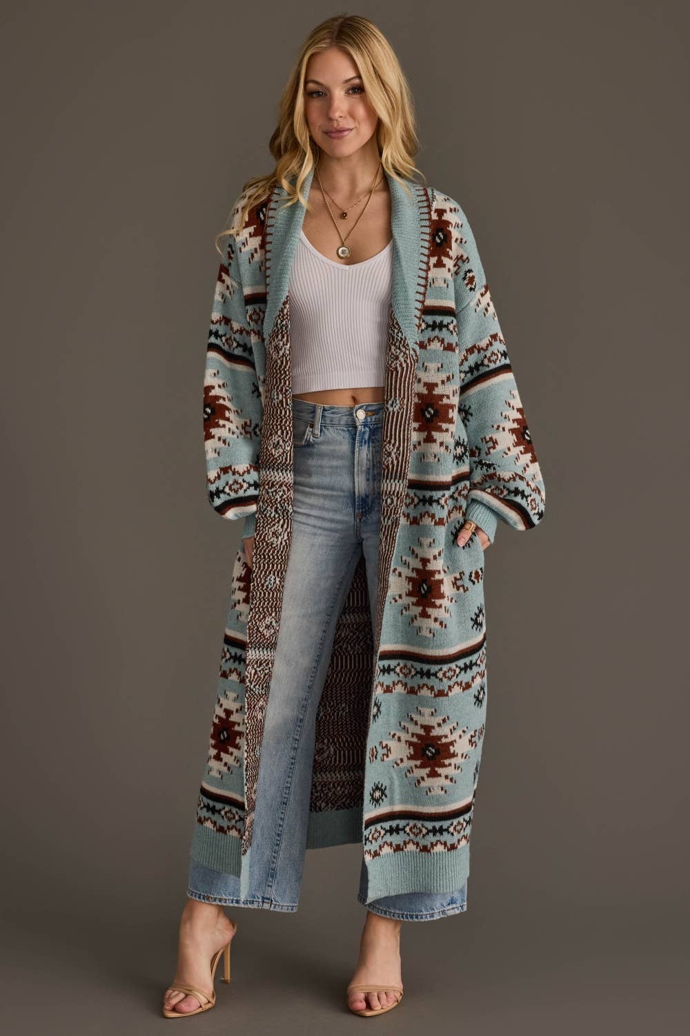Light Blue, Rust, White &amp; Black Western Cardigan