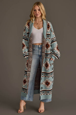 Light Blue, Rust, White & Black Western Cardigan