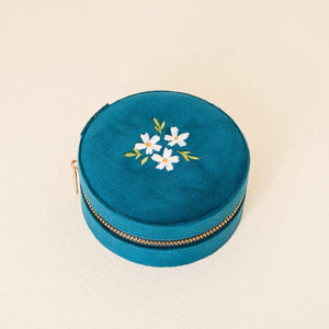 Round Velvet Jewelry Case-Floral Teal