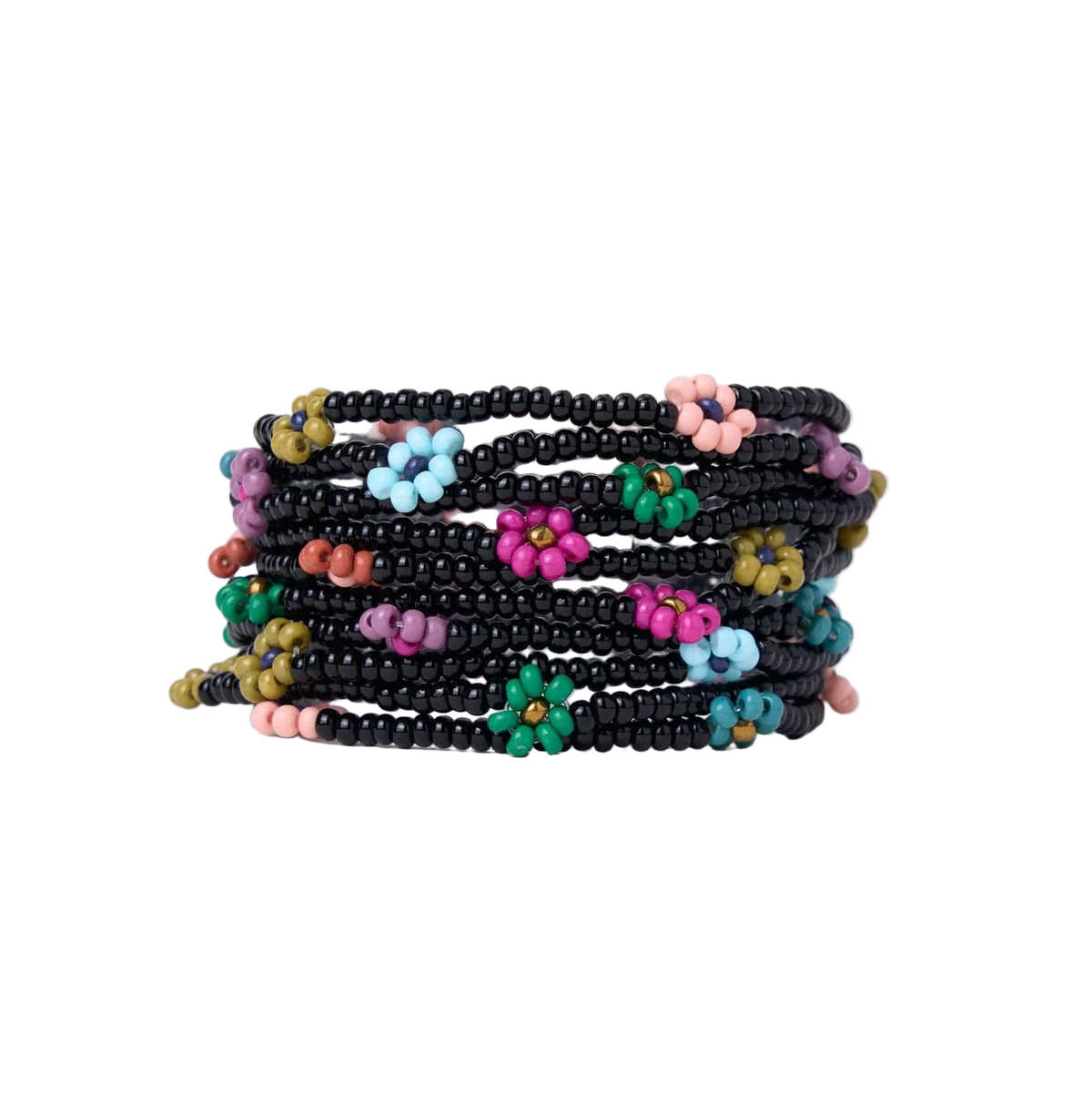 Sage Multi-Color Flower Beaded 10 Strand Stretch Bracelets Black