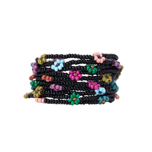 Sage Multi-Color Flower Beaded 10 Strand Stretch Bracelets Black