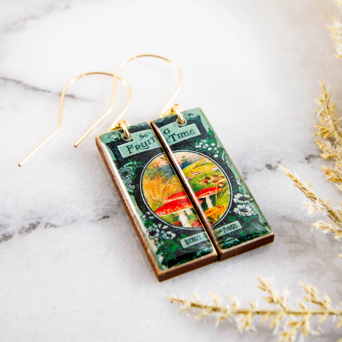 Vintage Book Cover Fruiting Time Mushroom Rectangle Earrings