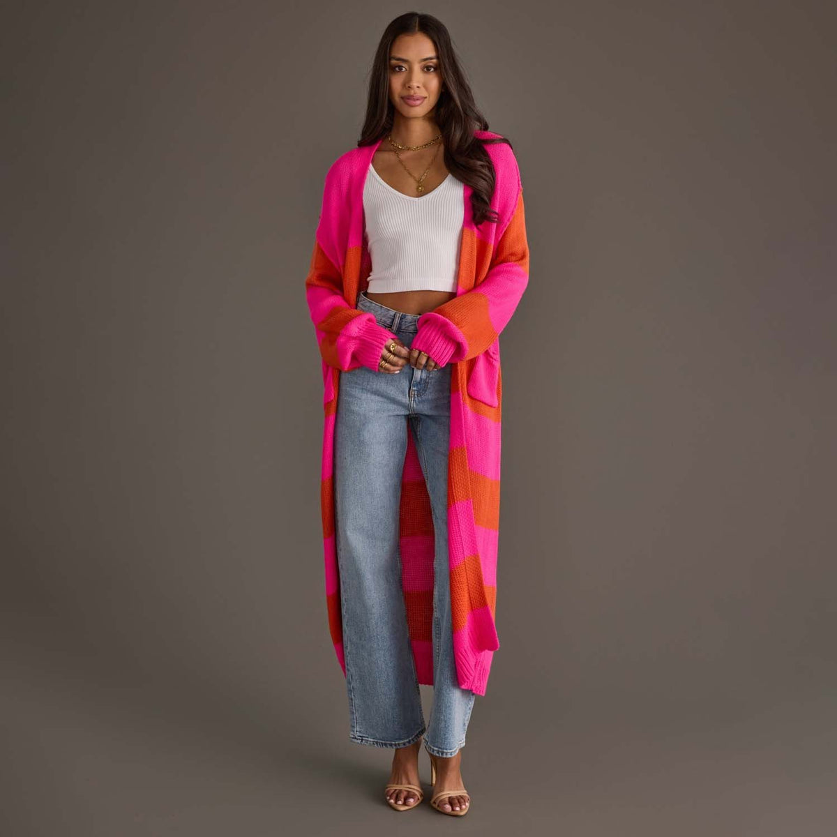 Bright Pink &amp; Orange Striped Duster Cardigan