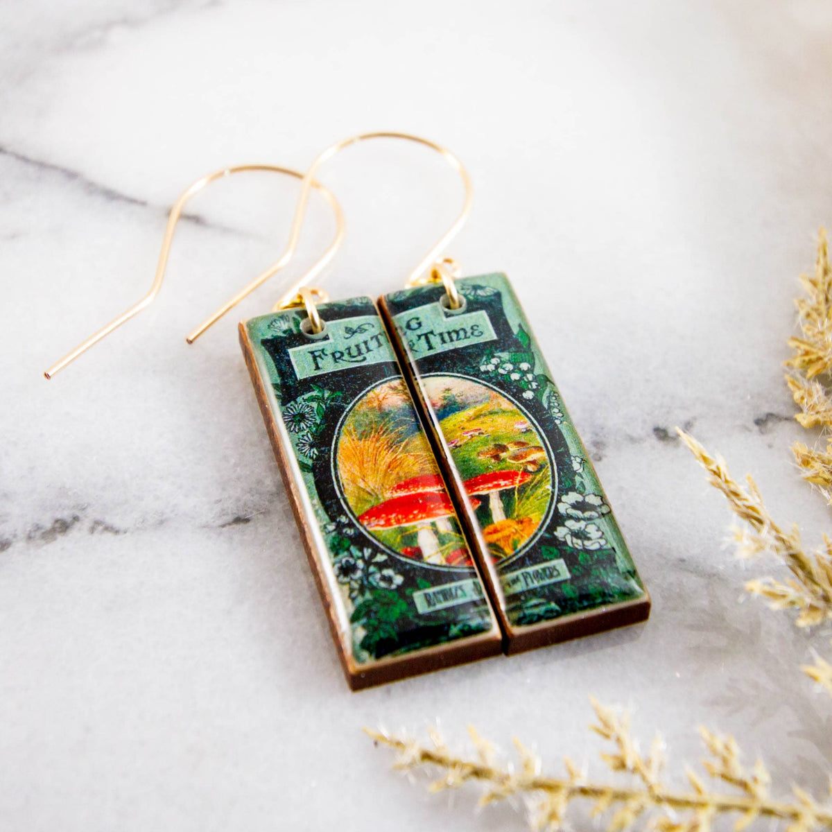 Vintage Book Cover Fruiting Time Mushroom Rectangle Earrings