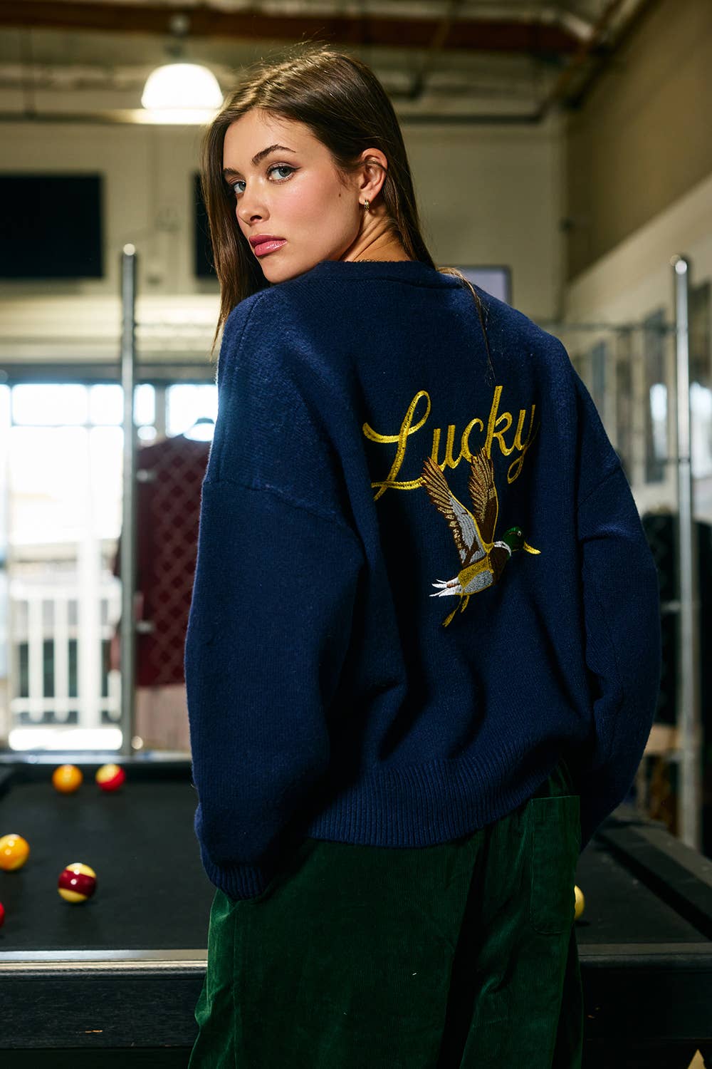 Embroidered "Lucky Duck" V-Neck Cardigan