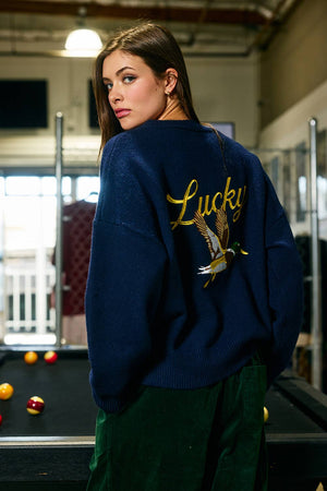 Embroidered "Lucky Duck" V-Neck Cardigan