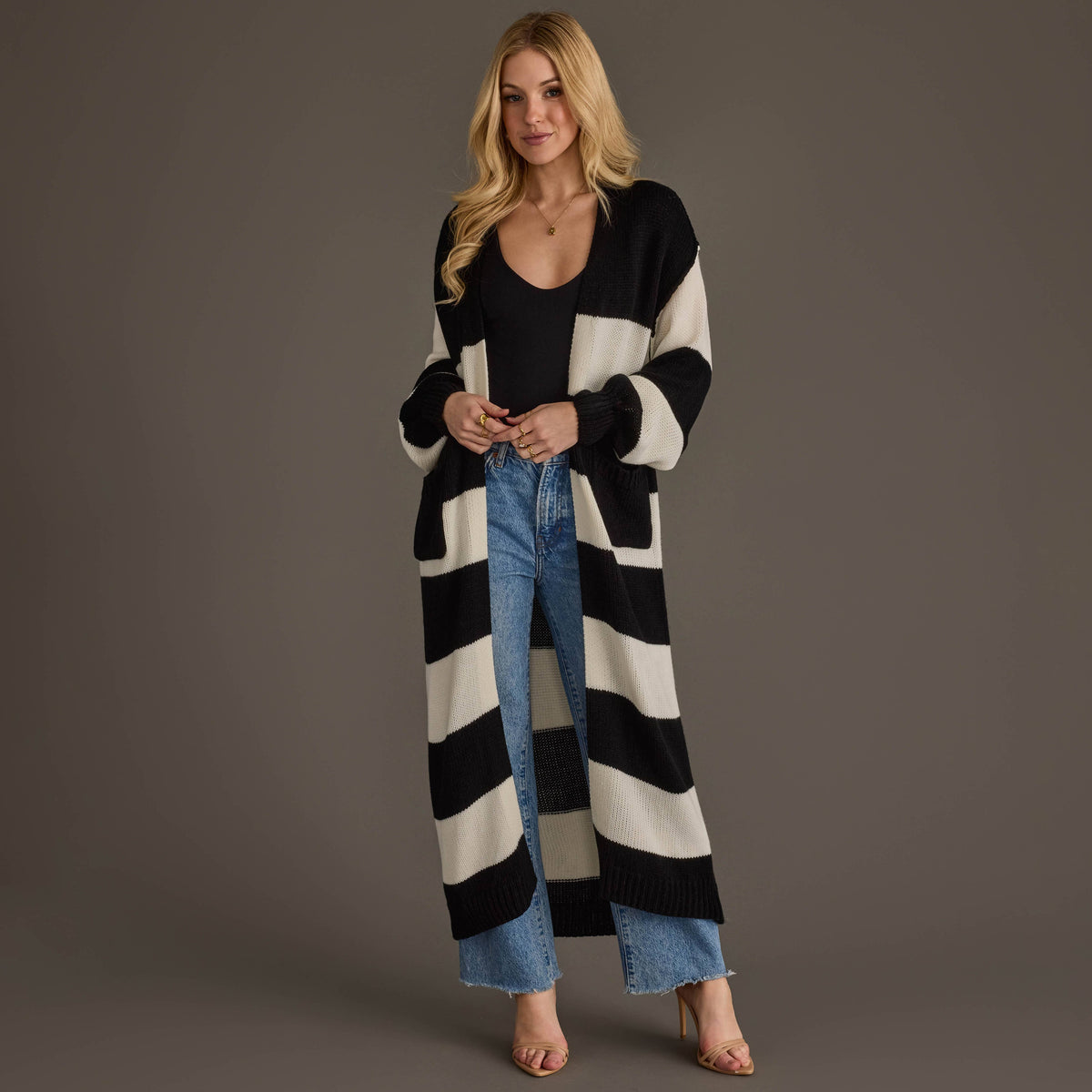 Black &amp; White Striped Duster Cardigan