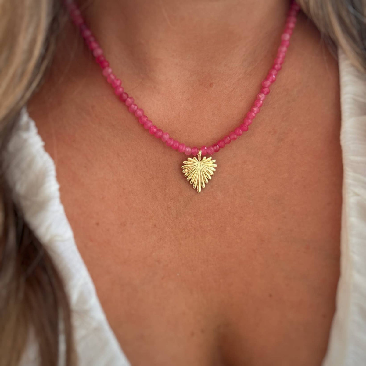 Esme Heart Pink Jade Beaded Necklace Gold Filled
