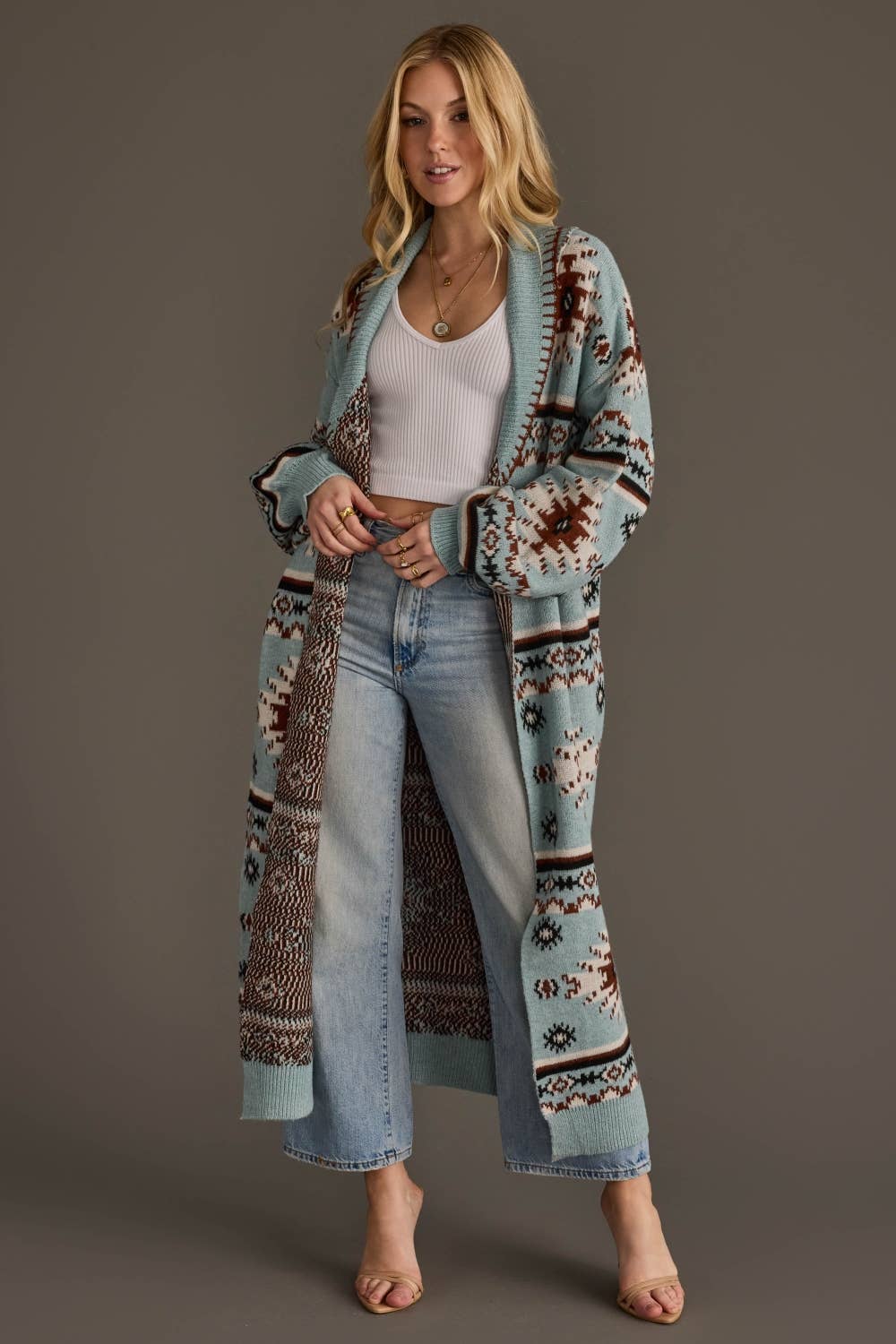 Light Blue, Rust, White &amp; Black Western Cardigan
