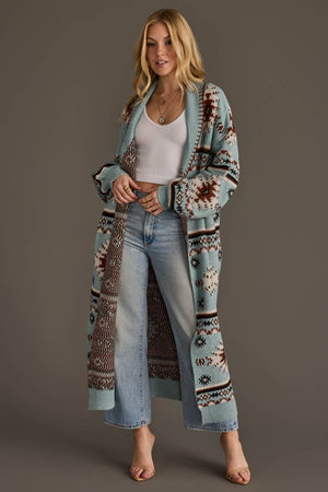 Light Blue, Rust, White & Black Western Cardigan