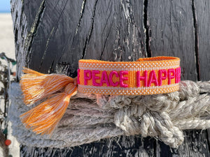 LOVE PEACE HAPPINESS statement bracelet woven, embroidered