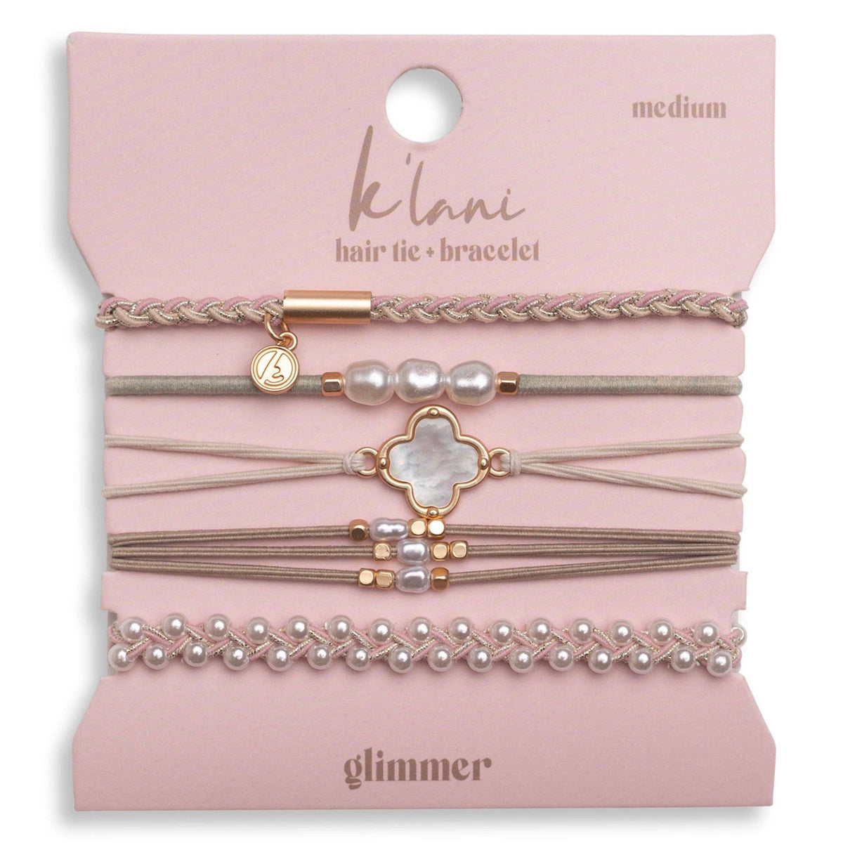 K'lani "Glimmer" Soft Pinks with Pearl and Gold Accent Hair Tie Bracelets