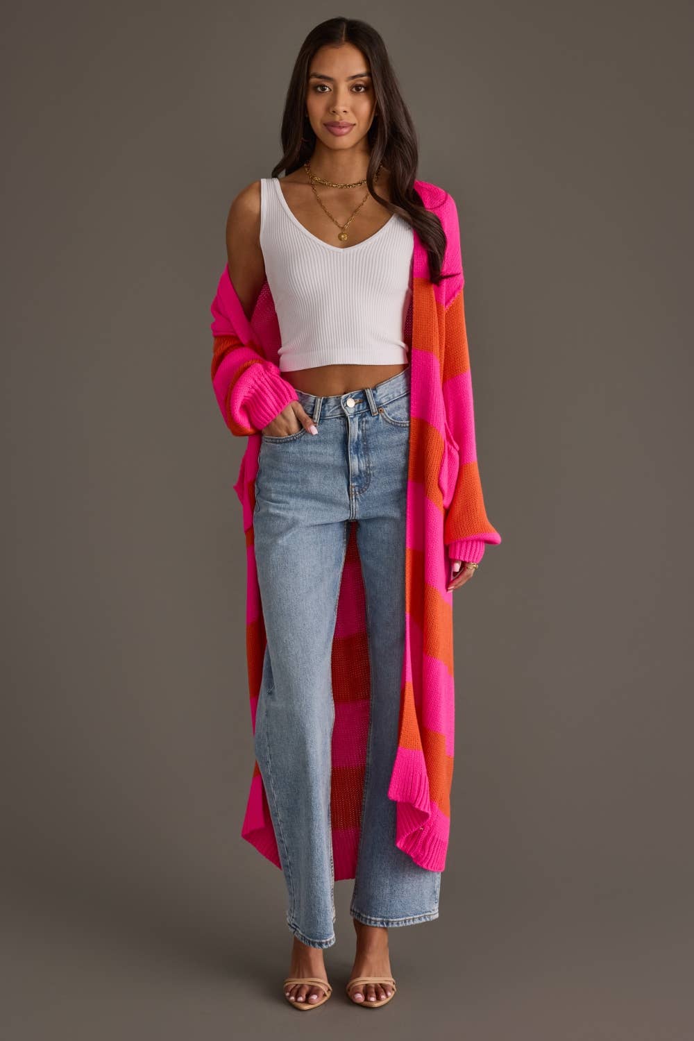 Bright Pink &amp; Orange Striped Duster Cardigan
